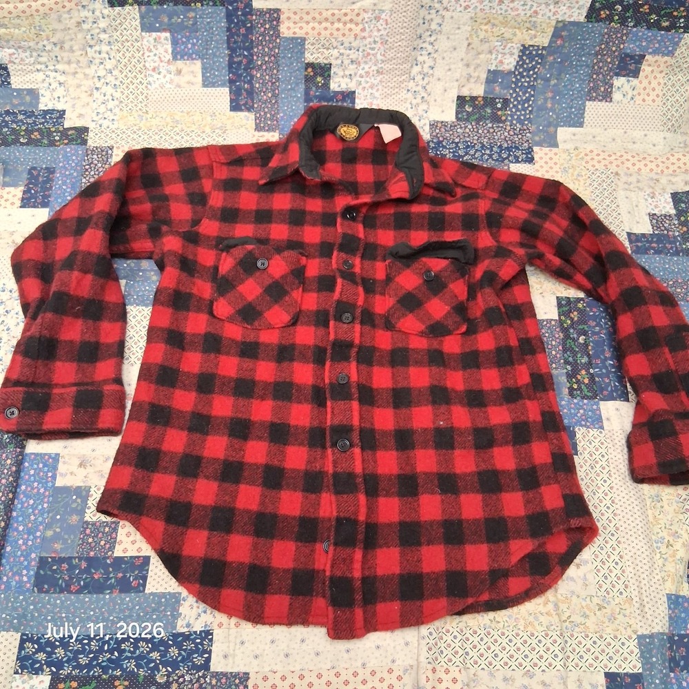 Vintage Woolrich Buffalo Plaid Wool Flannel Shirt Size Small Double Pocket